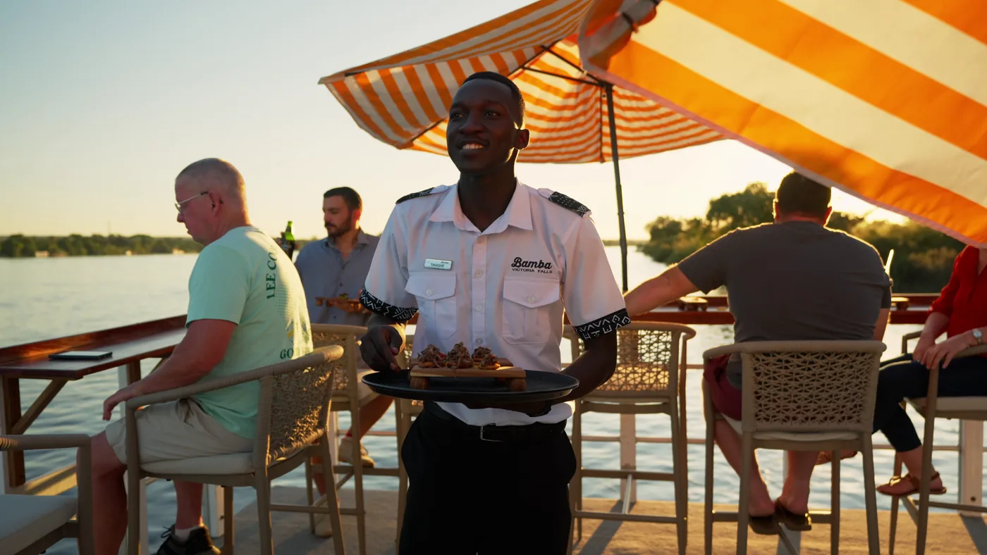 Canapés served on the deck of the Bamba Boat at sunset